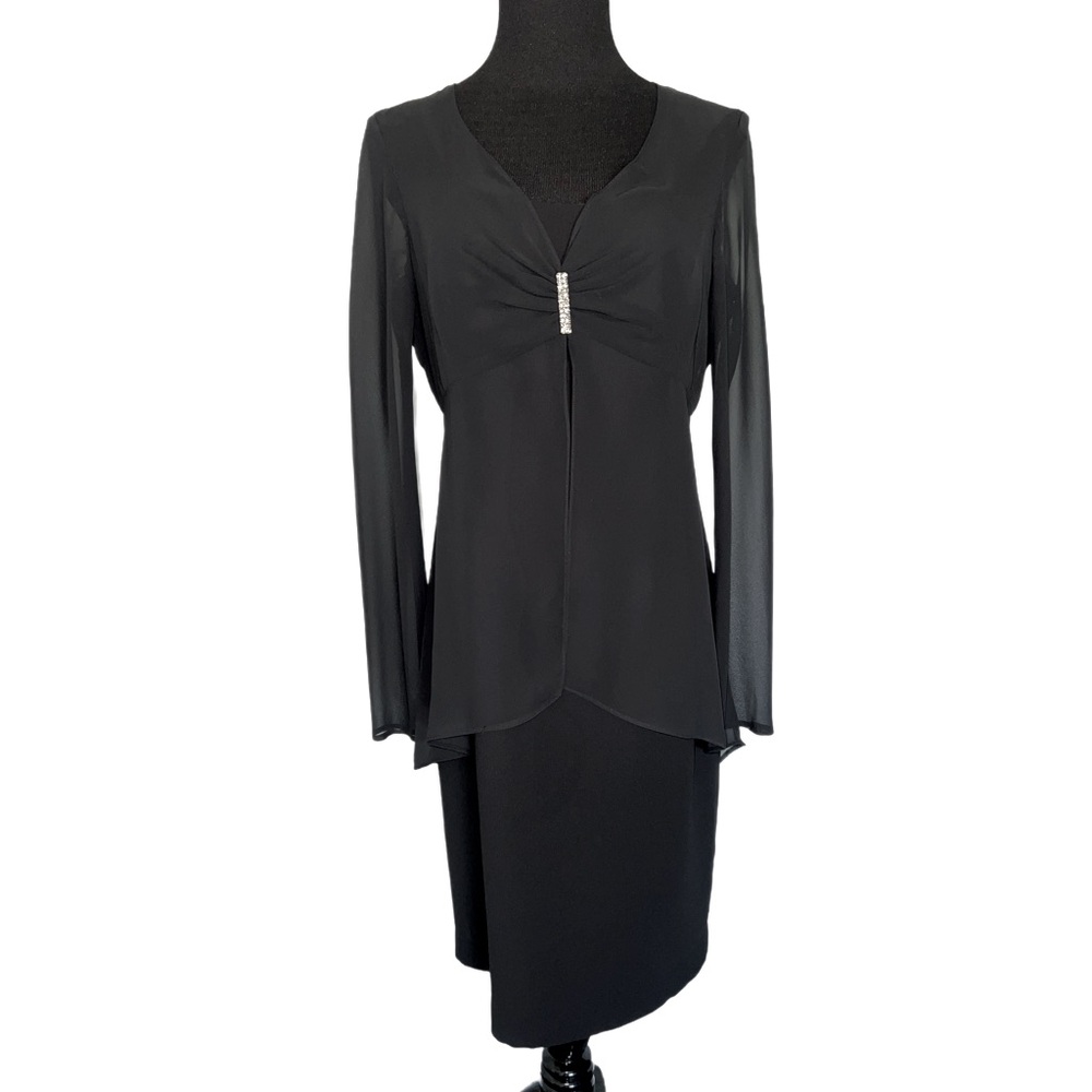Evan Picone original label sheer overlay cascading peplum dress